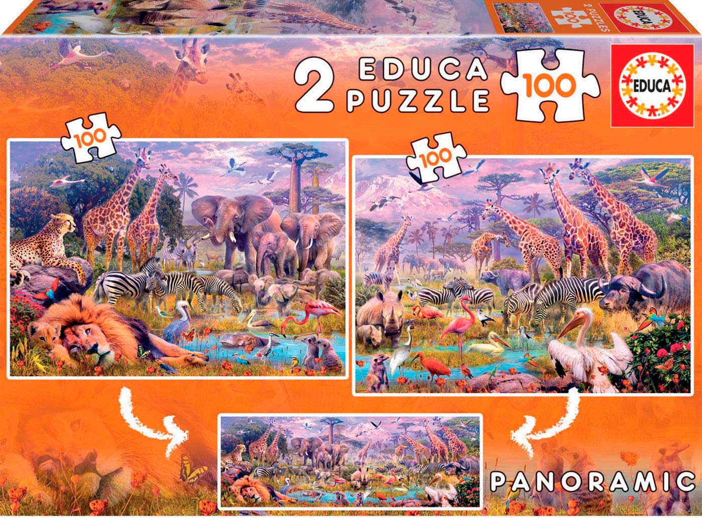Educa – 2 Puzzles 100 Pièces – Animaux Sauvages – Panoramique – Grandes Pièces – Dès 6 Ans – Cadeau Éducatif