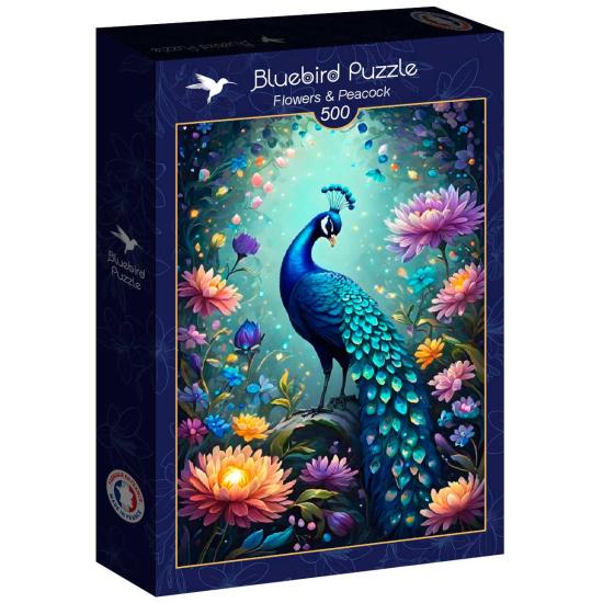 Puzzle Bluebird Fleurs et Paon de 500 pièces