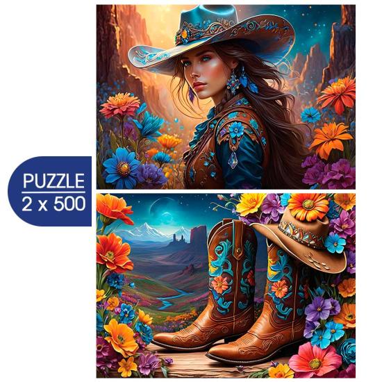 Puzzle Bluebird Cowgirl et ses Bottes 2 x 500 pièces Puzzle Bluebird Cowgirl et ses Bottes 2 x 500 pièces