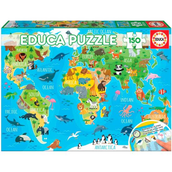 Puzzle Educa Carte du Monde Animaux 150 Pièces