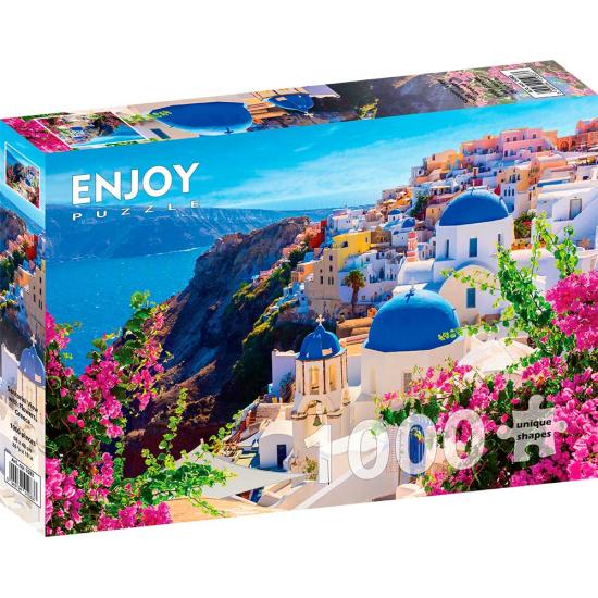 Puzzle Enjoy de la vue de Santorin avec des fleurs, Grèce 100